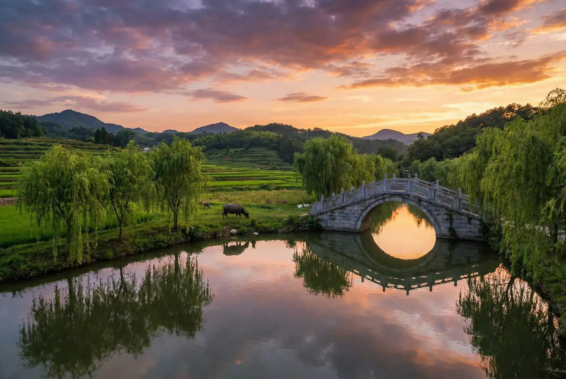 夕阳下的石拱桥与垂柳，水牛在河边吃草 - 刑法强奸罪的构成要件 乡村美景
